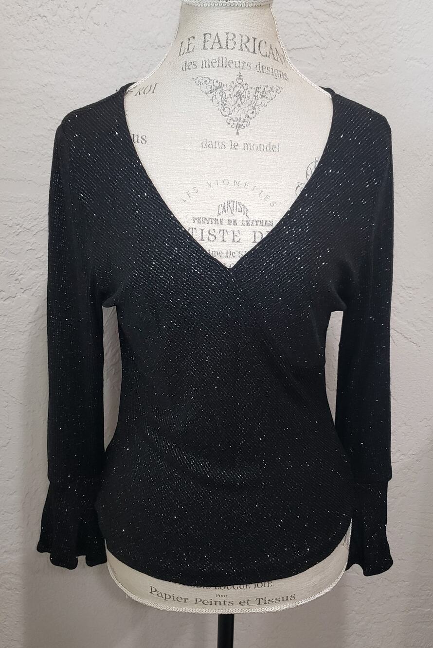 Xscape Black V Neck Flare Long Sleeve Blouse Evening Top